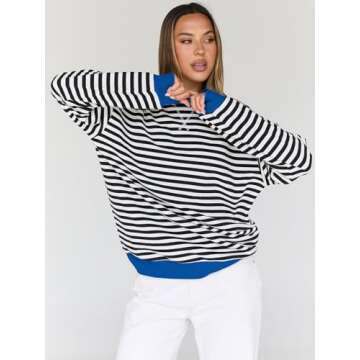 Trendy Queen Oversized Sweatshirt for Women 2024 Fall Crewneck Striped Long Sleeve Shirts Hoodies Preppy Top Y2K Outfits SEBlackWhite S