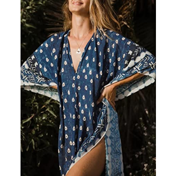 Bsubseach Women Plus Size Kaftan Maxi Dress Summer Print Beach Bathing Suit Cover Up Dress Caftan Robe A-Blue