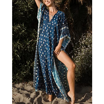 Bsubseach Women Plus Size Kaftan Maxi Dress Summer Print Beach Bathing Suit Cover Up Dress Caftan Robe A-Blue