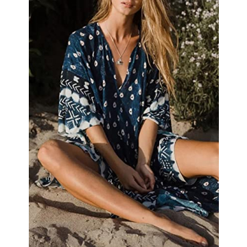 Bsubseach Women Plus Size Kaftan Maxi Dress Summer Print Beach Bathing Suit Cover Up Dress Caftan Robe A-Blue