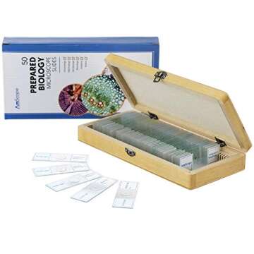 AmScope PS50 Prepared Microscope Slide Set - 50 Slides in Wooden Case