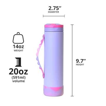 Elemental Iconic Kids Water Bottle with Straw Lid & Stress Reliever Pop It Handle, Leak-Proof When Closed, Triple Insulated Stainless Steel Reusable Thermos Water Bottle, 20oz - Lilac Tie Dye