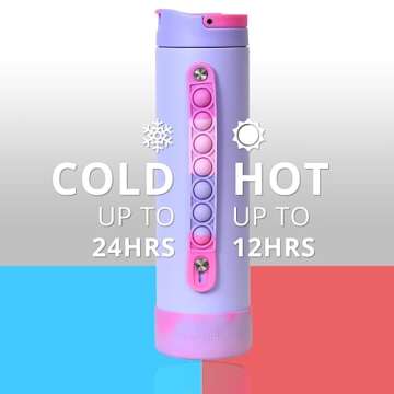 Elemental Iconic Kids Water Bottle with Straw Lid & Stress Reliever Pop It Handle, Leak-Proof When Closed, Triple Insulated Stainless Steel Reusable Thermos Water Bottle, 20oz - Lilac Tie Dye