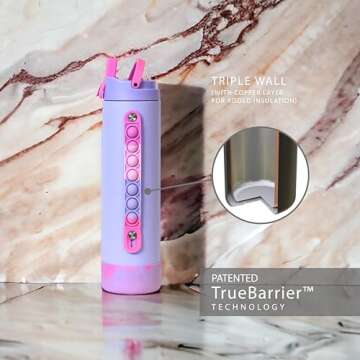 Elemental Iconic Kids Water Bottle with Straw Lid & Stress Reliever Pop It Handle, Leak-Proof When Closed, Triple Insulated Stainless Steel Reusable Thermos Water Bottle, 20oz - Lilac Tie Dye