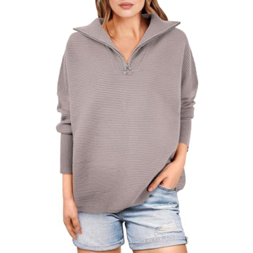 ANRABESS Women Quarter Zip Oversized Casual Loose Rib Knit Cozy Pullover Sweaters Top 2024 Fall Fash...