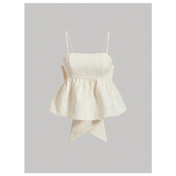 BEAUDRM Women's Cute Knot Bow Back Flared Cami Tops Elegant Ruffle Hem Summer Camisole Apricot Large