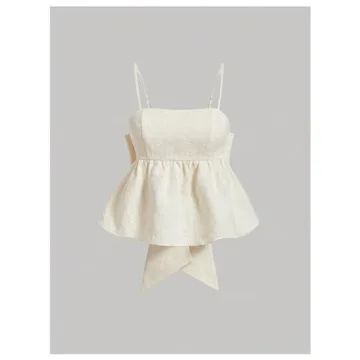 BEAUDRM Women's Cute Knot Bow Back Flared Cami Tops Elegant Ruffle Hem Summer Camisole Apricot Large