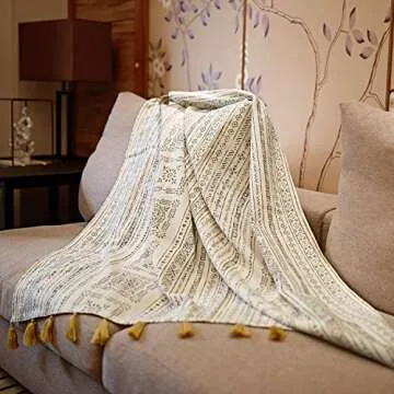 MOTINI Throw Blanket Multi-Colored Brushed Cotton Tasseled Edges Throw Accent Blanket 50" W x 60" L Modern Throw Blanket for Sofa Chair Couch Bed