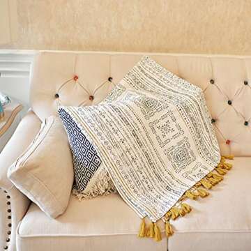 MOTINI Throw Blanket Multi-Colored Brushed Cotton Tasseled Edges Throw Accent Blanket 50" W x 60" L Modern Throw Blanket for Sofa Chair Couch Bed