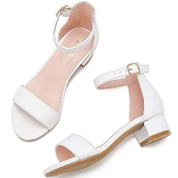 Dufannie White Heels for Girls Open Toe Ankle Strap Chunky Heel Kids Sandals Girls Dress Shoes Party Wedding First Communion Church Christmas Buckle Little Girl Sandals(3603White 3)