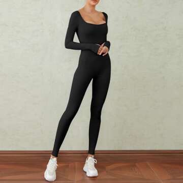 WOBONIU Women Yoga Jumpsuits Ribbed Long Sleeve Square Neck One Piece Bodycon Jumpsuit Workout Exercise Sport Jumpsuits(Black, X-Large)
