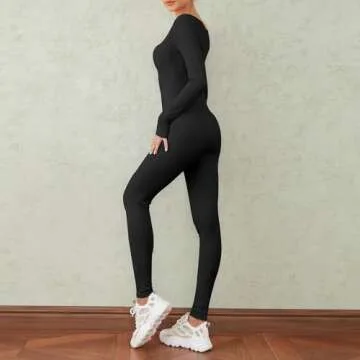 WOBONIU Women Yoga Jumpsuits Ribbed Long Sleeve Square Neck One Piece Bodycon Jumpsuit Workout Exercise Sport Jumpsuits(Black, X-Large)