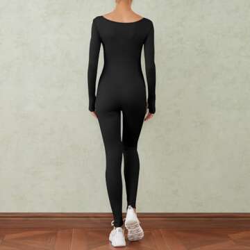 WOBONIU Women Yoga Jumpsuits Ribbed Long Sleeve Square Neck One Piece Bodycon Jumpsuit Workout Exercise Sport Jumpsuits(Black, X-Large)