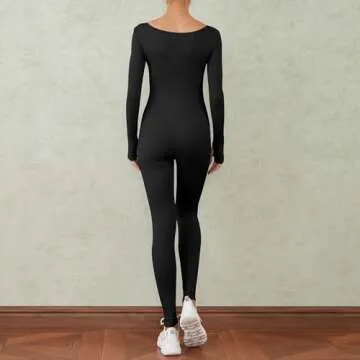 WOBONIU Women Yoga Jumpsuits Ribbed Long Sleeve Square Neck One Piece Bodycon Jumpsuit Workout Exercise Sport Jumpsuits(Black, X-Large)