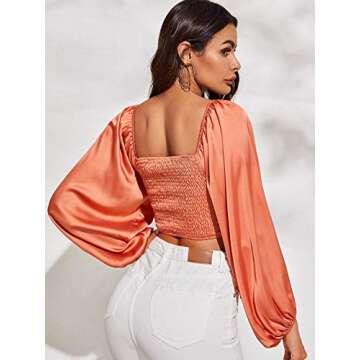 Floerns Women's Satin Ruched Drawstring Lantern Sleeve Crop Top Blouse Orange XS