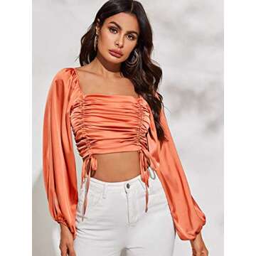 Floerns Women's Satin Ruched Drawstring Lantern Sleeve Crop Top Blouse Orange XS