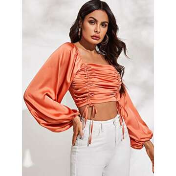 Floerns Women's Satin Ruched Drawstring Lantern Sleeve Crop Top Blouse Orange XS