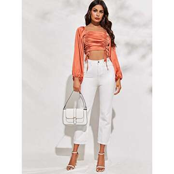 Floerns Women's Satin Ruched Drawstring Lantern Sleeve Crop Top Blouse Orange XS