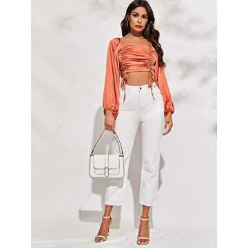 Floerns Women's Satin Ruched Drawstring Lantern Sleeve Crop Top Blouse Orange XS