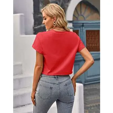 MEROKEETY Womens 2025 Summer Casual Crew Neck Short Sleeve Crop Tops Loose Athletic Tees, Red, M