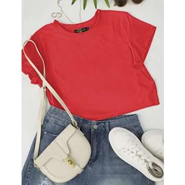 MEROKEETY Womens 2025 Summer Casual Crew Neck Short Sleeve Crop Tops Loose Athletic Tees, Red, M