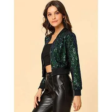 Stylish Allegra K Sparkly Bomber Jacket for Parties