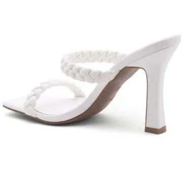 Shoe Land SL-Miley Women's Square Open Toe Heeled Mules Double Braided Strap Slide Sandals, White, Size 8.5
