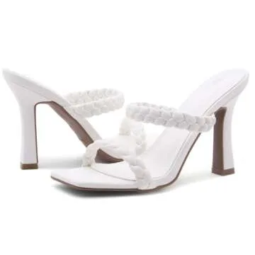Shoe Land SL-Miley Women's Square Open Toe Heeled Mules Double Braided Strap Slide Sandals, White, Size 8.5