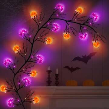 [Timer & 8 Modes] 6 Ft 54 LED Halloween Decorations Willow Vine Twig Garland with Pumpkin and Bats L...