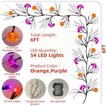 [Timer & 8 Modes] 6 Ft 54 LED Halloween Decorations Willow Vine Twig Garland with Pumpkin and Bats Lights, Waterproof Battery Operated Halloween Lights for Outdoor Indoor Wall Fireplace Mantle Decor