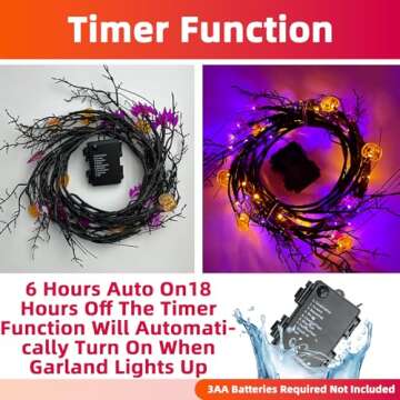 [Timer & 8 Modes] 6 Ft 54 LED Halloween Decorations Willow Vine Twig Garland with Pumpkin and Bats Lights, Waterproof Battery Operated Halloween Lights for Outdoor Indoor Wall Fireplace Mantle Decor