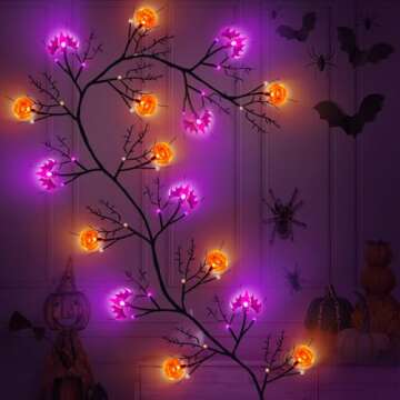 [Timer & 8 Modes] 6 Ft 54 LED Halloween Decorations Willow Vine Twig Garland with Pumpkin and Bats Lights, Waterproof Battery Operated Halloween Lights for Outdoor Indoor Wall Fireplace Mantle Decor