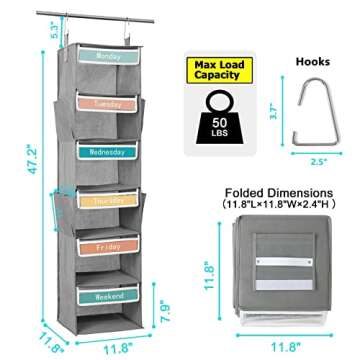 Yes4All 6-Shelf Weekly Hanging Closet Organizer, 47.2×12.2×12.2 INCH Collapsible Weekday Kids Closet Storage Organizer Daily Kids Clothes Organizer Hanging Closet Shelves with 4 Side Pockets, Grey