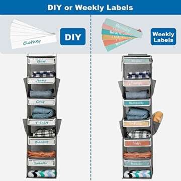 Yes4All 6-Shelf Weekly Hanging Closet Organizer, 47.2×12.2×12.2 INCH Collapsible Weekday Kids Closet Storage Organizer Daily Kids Clothes Organizer Hanging Closet Shelves with 4 Side Pockets, Grey