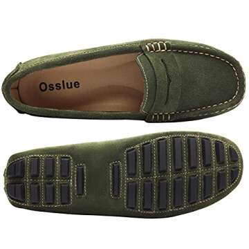 Osslue Women's Green Suede Leather Penny Loafers - Retro Moccasins Driving Slip-On Boat Shoes Flats