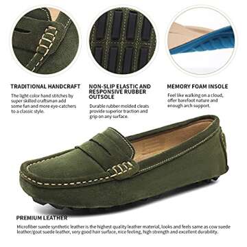 Osslue Women's Green Suede Leather Penny Loafers - Retro Moccasins Driving Slip-On Boat Shoes Flats