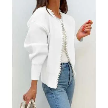 Stylish ZESICA Women's Open Front Cardigan with Pearls
