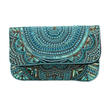 NOVICA Artisan Handmade Embellished Clutch Turquoise Beaded Sequined Silk Evening from India Handbag...