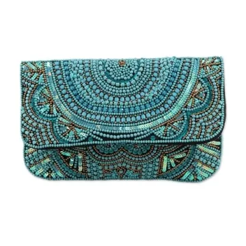 NOVICA Artisan Handmade Embellished Clutch Turquoise Beaded Sequined Silk Evening from India Handbag...