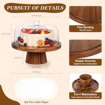 Bellsal Acacia Wood Cake Stand with Lid - 12in Round Cake Holder, 2-in-1 Dessert Table Display Set &...