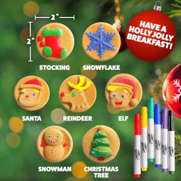 Christmas Holiday Waffle Maker w 6 Edible Food Markers - Create Festive Breakfast Fun with Delicious...