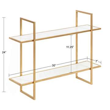 Kate and Laurel Leigh Wood and Metal Wall Shelf, 30" x 24", White and Gold, Unique Modern Glam Home Decor with Efficient Storage Shelves for Smaller Spaces