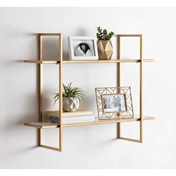 Kate and Laurel Leigh Wood and Metal Wall Shelf, 30" x 24", White and Gold, Unique Modern Glam Home Decor with Efficient Storage Shelves for Smaller Spaces