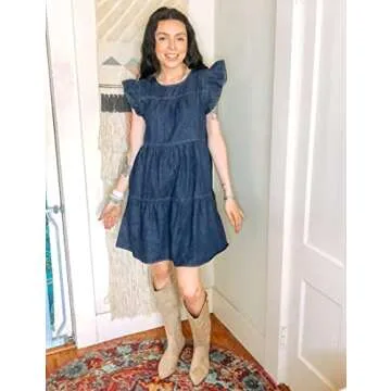 luvamia Ruffle Sleeve Babydoll Dress for Women with Pockets Jean Dresses for Women Denim Casual Dress Womens Babydoll Dress Summer Dresses for Women 2025 Reef Blue Size X-Small Fits Size 0 / Size 2