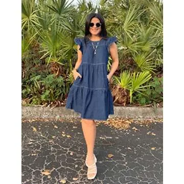 luvamia Ruffle Sleeve Babydoll Dress for Women with Pockets Jean Dresses for Women Denim Casual Dress Womens Babydoll Dress Summer Dresses for Women 2025 Reef Blue Size X-Small Fits Size 0 / Size 2