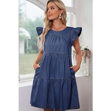 luvamia Ruffle Sleeve Babydoll Dress for Women with Pockets Jean Dresses for Women Denim Casual Dress Womens Babydoll Dress Summer Dresses for Women 2025 Reef Blue Size X-Small Fits Size 0 / Size 2