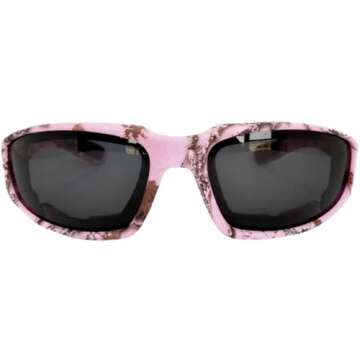 Ladies Pink Motorcycle CAMO Padded Foam Sport Glasses Smoke Lens 99% UV protection