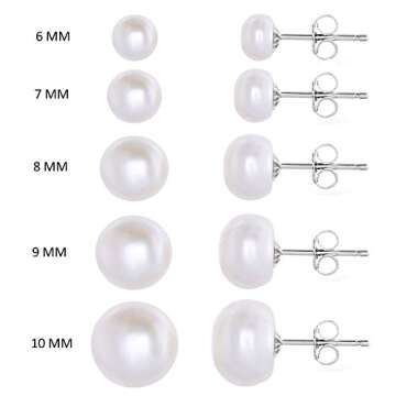 MABELLA 925 Sterling Silver AAA Genuine Freshwater Cultured Pearl White Button Stud Earrings - Elega...