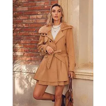 Zeagoo Women's Elegant Jacket Faux Fur Lapel Double Breasted Thick Wool Coat Swing Coat Plus Size Camel