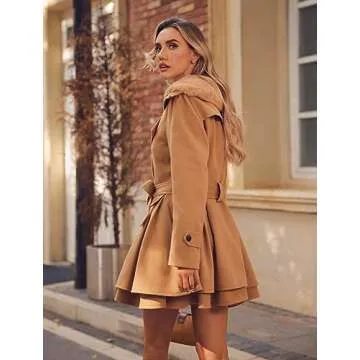 Zeagoo Women's Elegant Jacket Faux Fur Lapel Double Breasted Thick Wool Coat Swing Coat Plus Size Camel